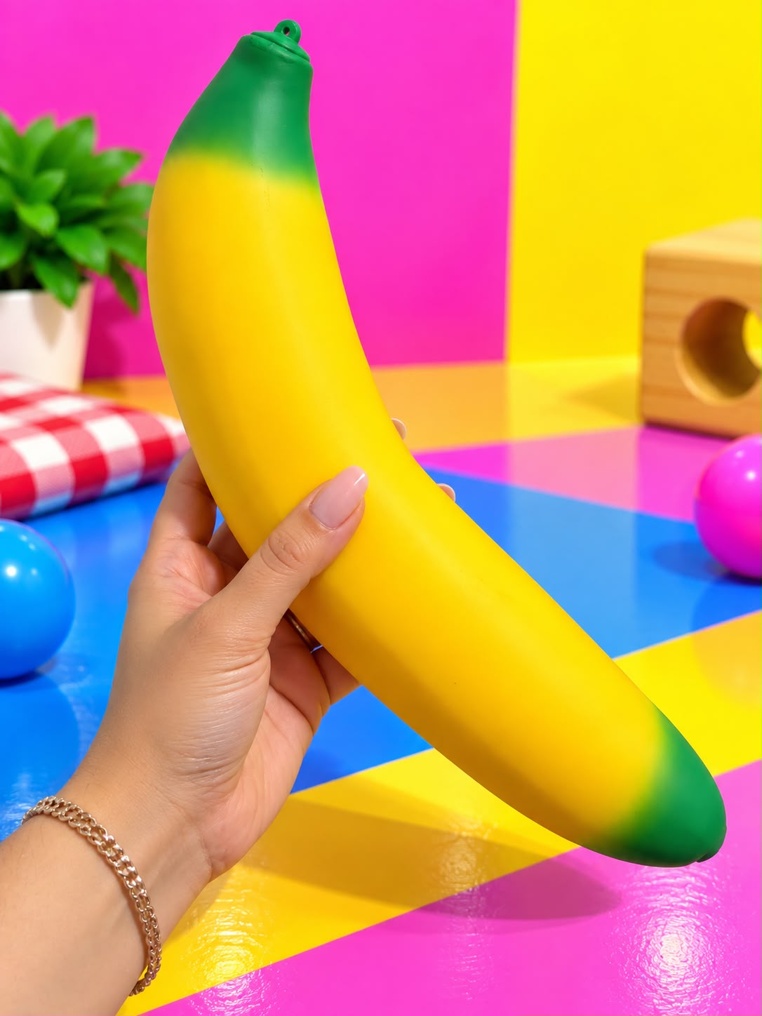 Giant Banana Squishy, shown in hand for size